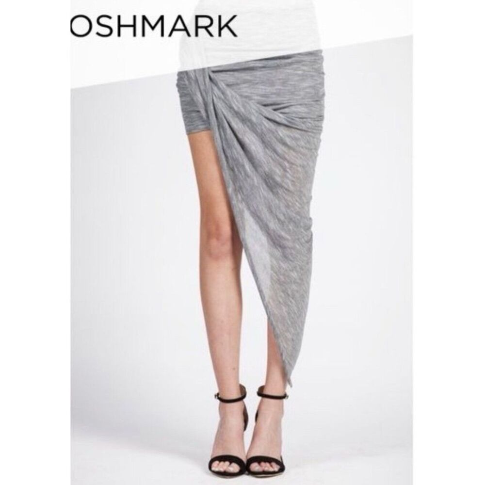 Hommage Gray Draped Twist Front Asymmetrical Midi Skirt Rayon Small